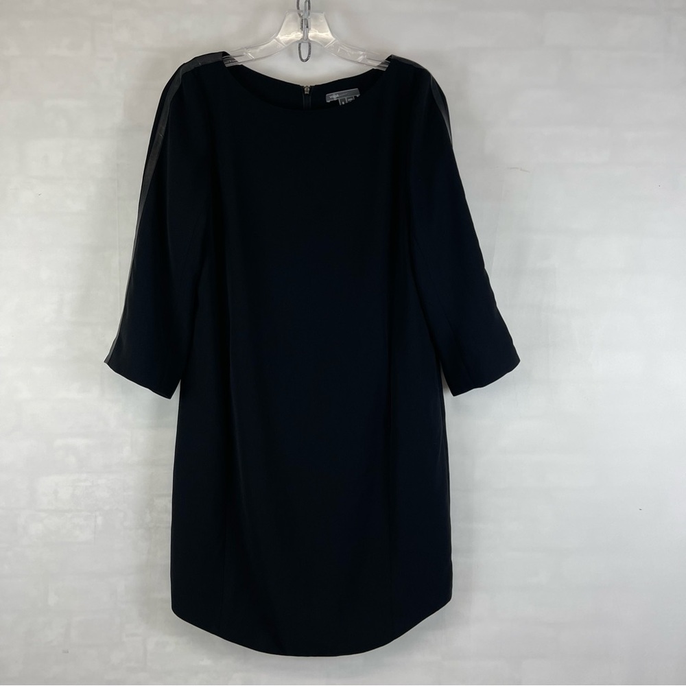 Vince Black Shift Dress Women’s 6‎ Leather Trim 3/4 Sleeve Minimalist Chic